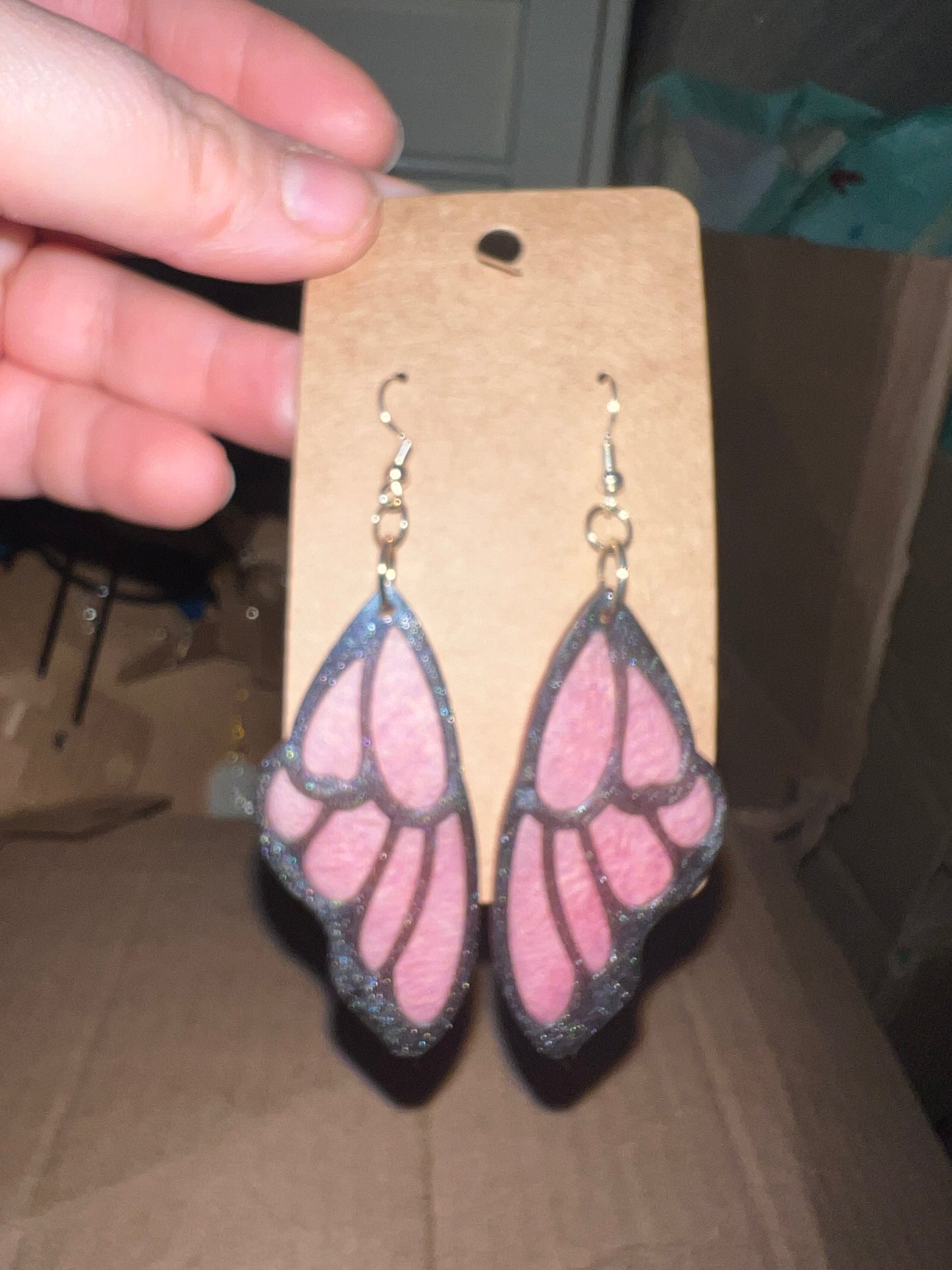 Black and Pink Butterfly Wing Dangle Earrings