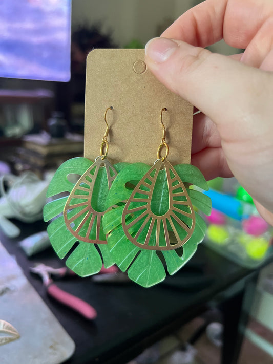 Large Gold Accent Monstera Earrings