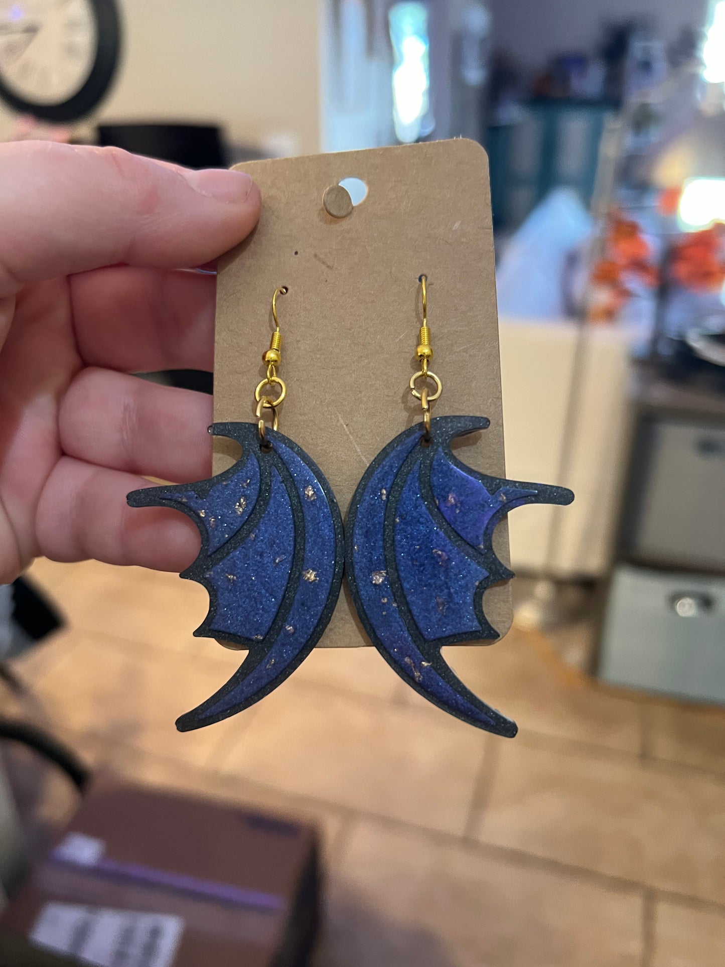 Blue Gold Dragon Wing Earrings