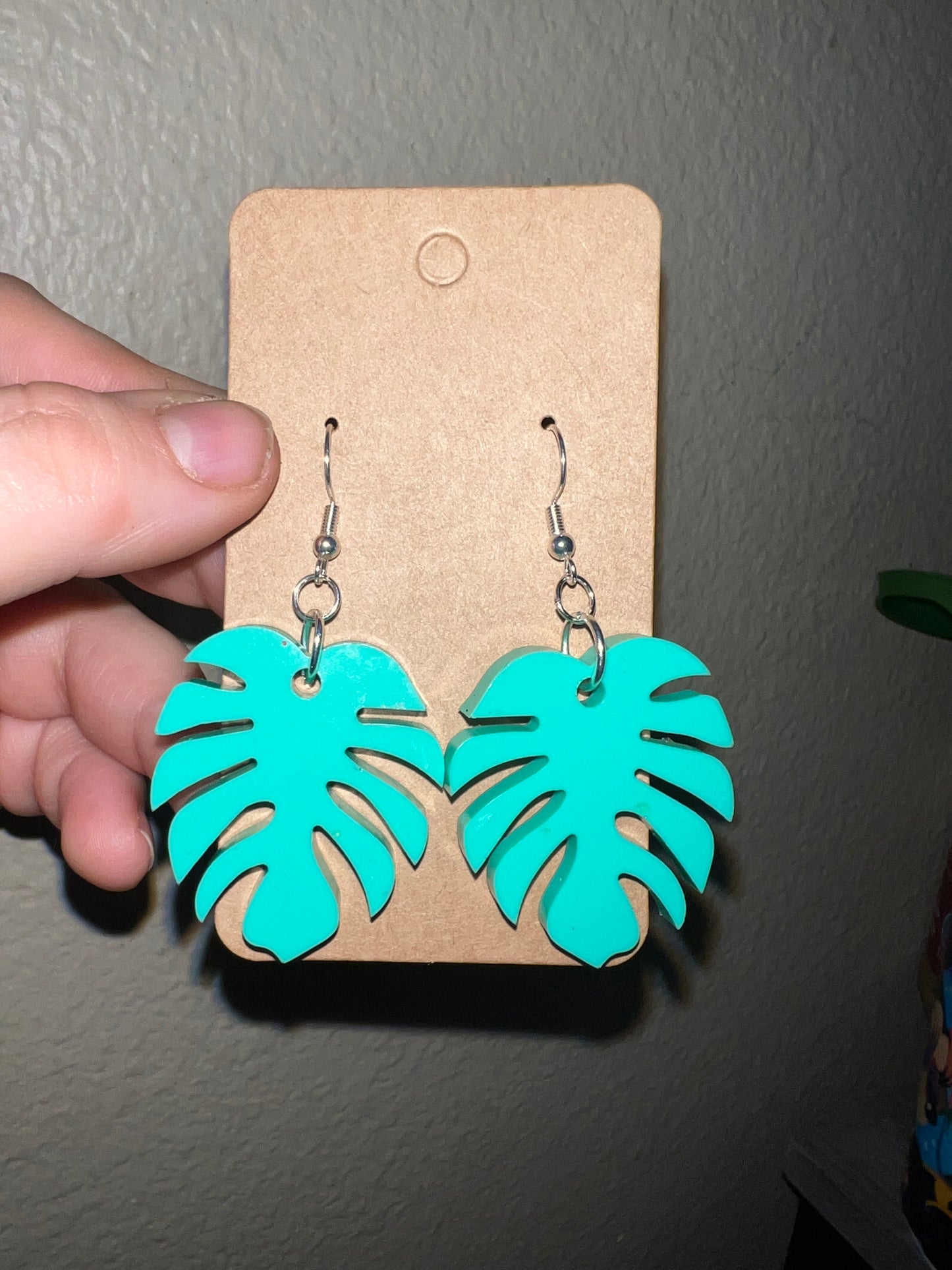 Teal Monstera Dangle Earrings