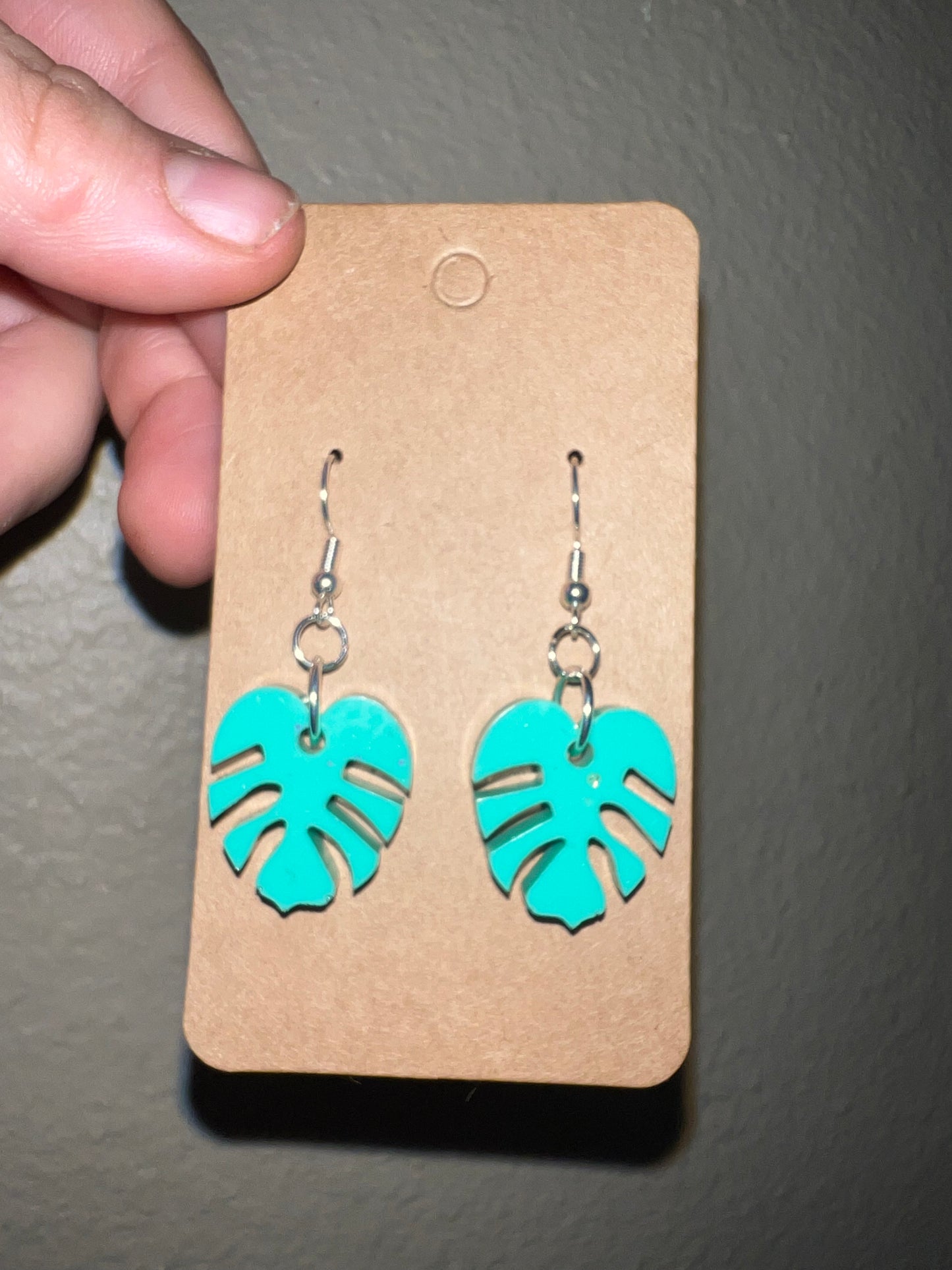 Small Teal Monstera Dangle Earrings