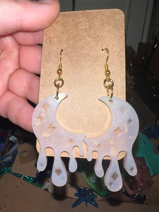 Dripping White Sparkly Moon Dangle Earrings