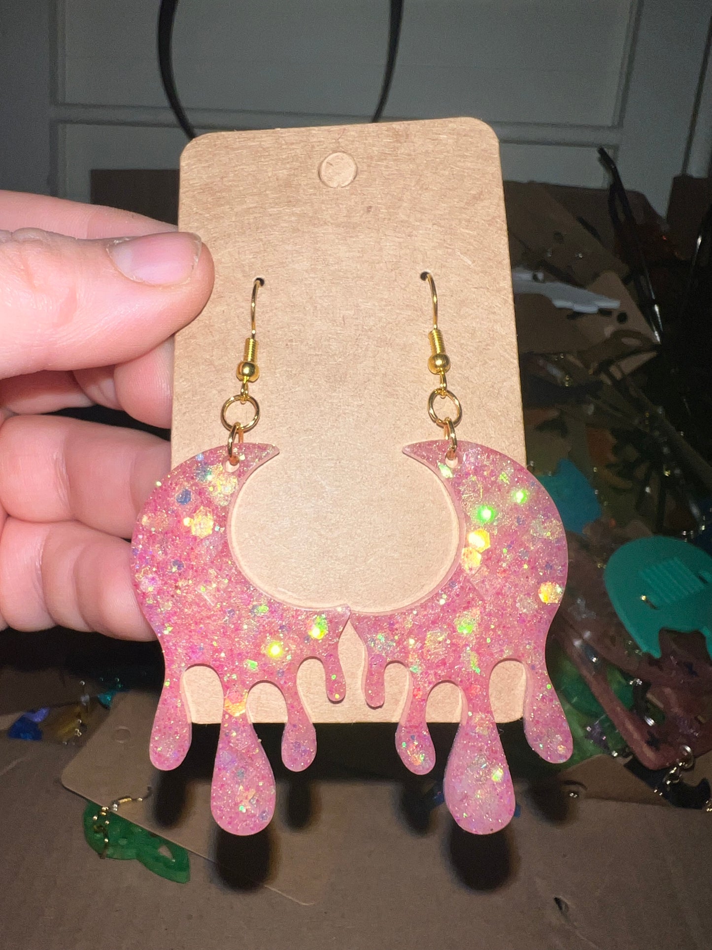 Dripping Pink Sparkly Moon Dangle Earrings