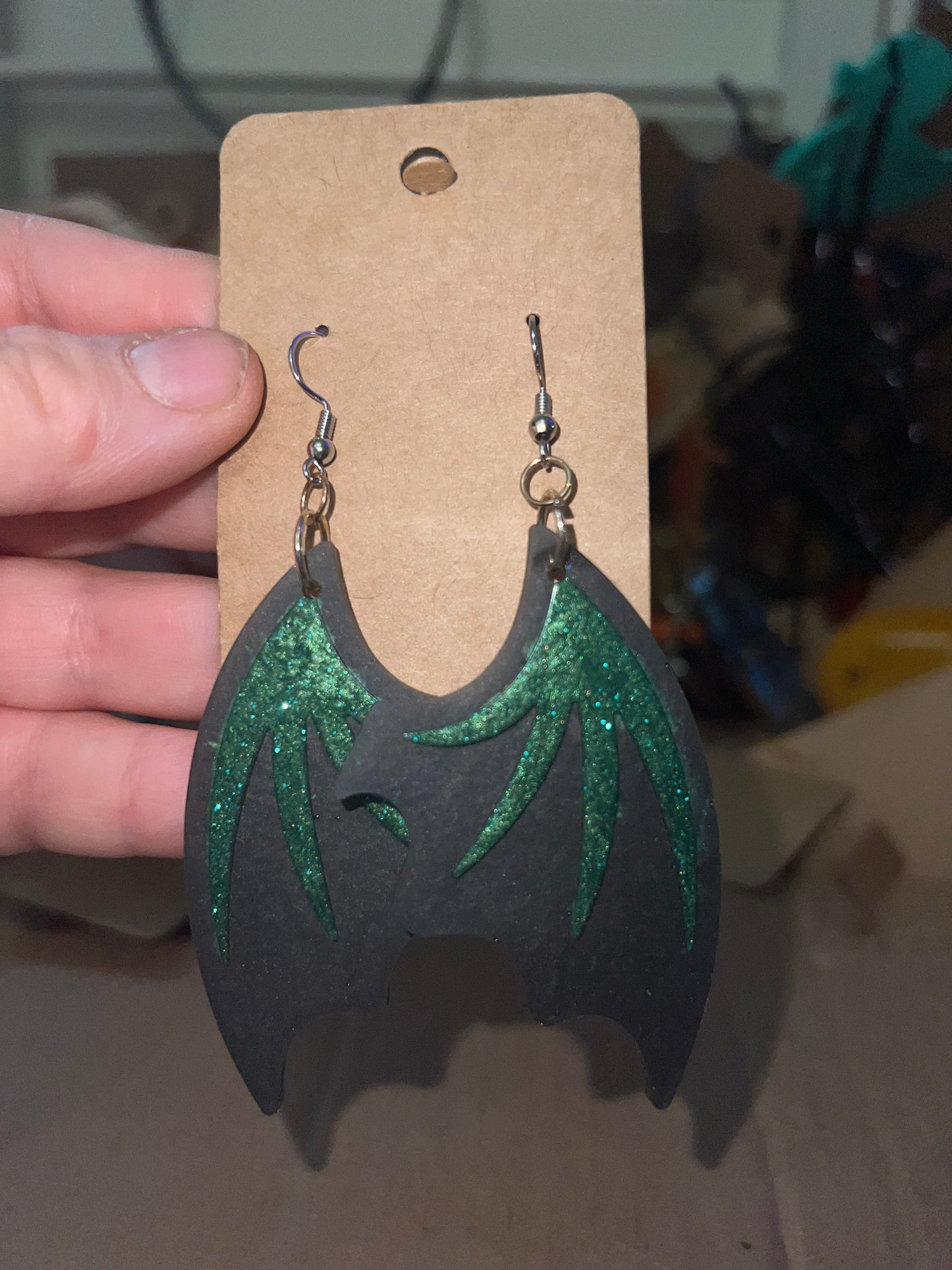 Black and Green Dragon Wing Earrings