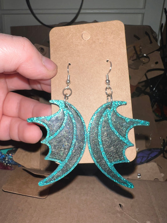 Black and Teal Sparkle Dragon Wing Earrings