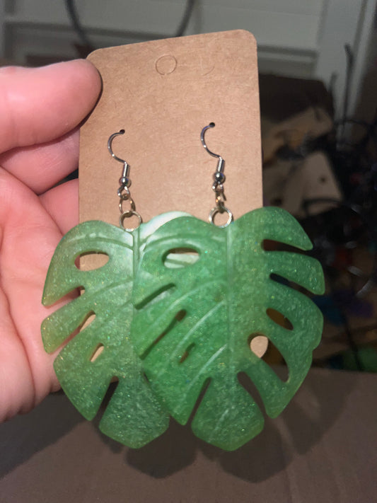 Large Green Monstera Earrings