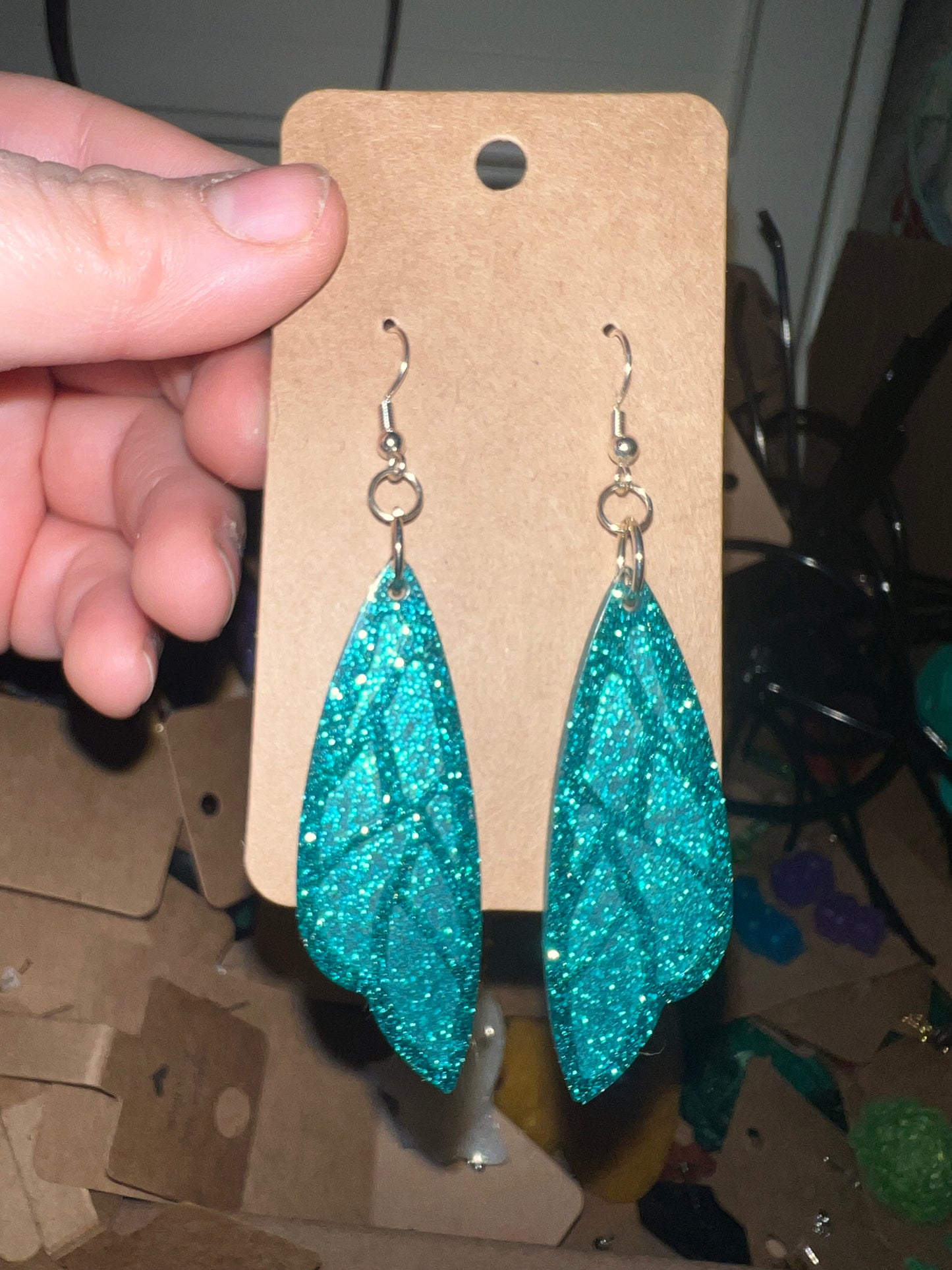 Teal Sparkle Butterfly Wing Dangle Earrings