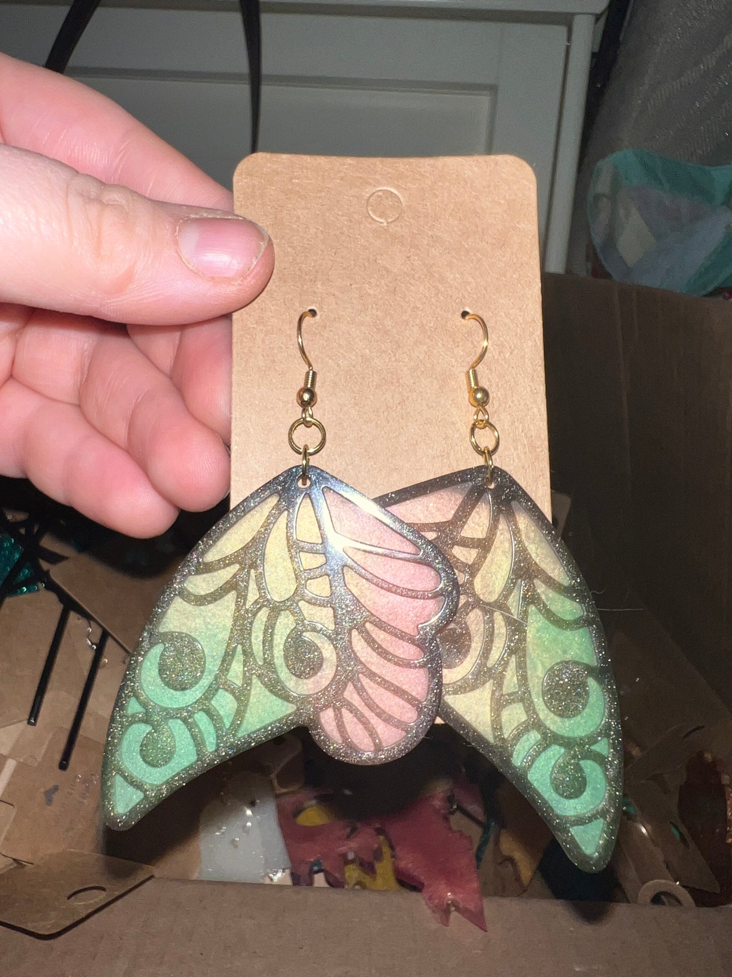 Pink Green and Yellow Butterfly Wing Dangle Earrings