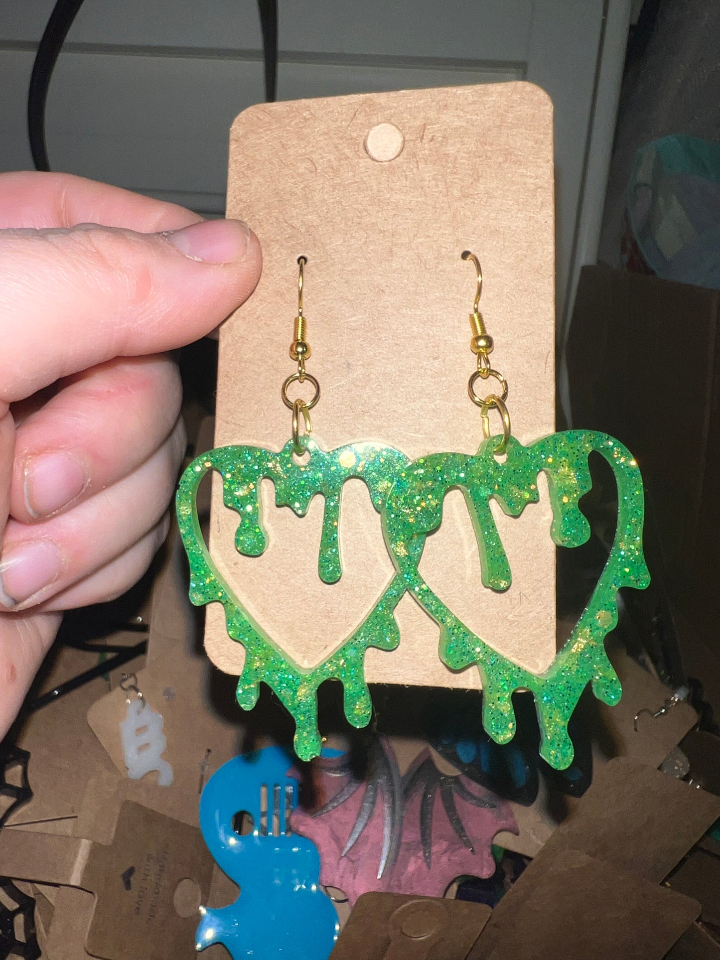 Dripping Green Gold Heart Dangle Earrings