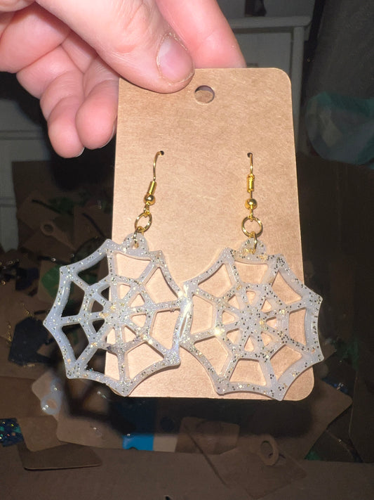 White Sparkle Spider Web Earrings