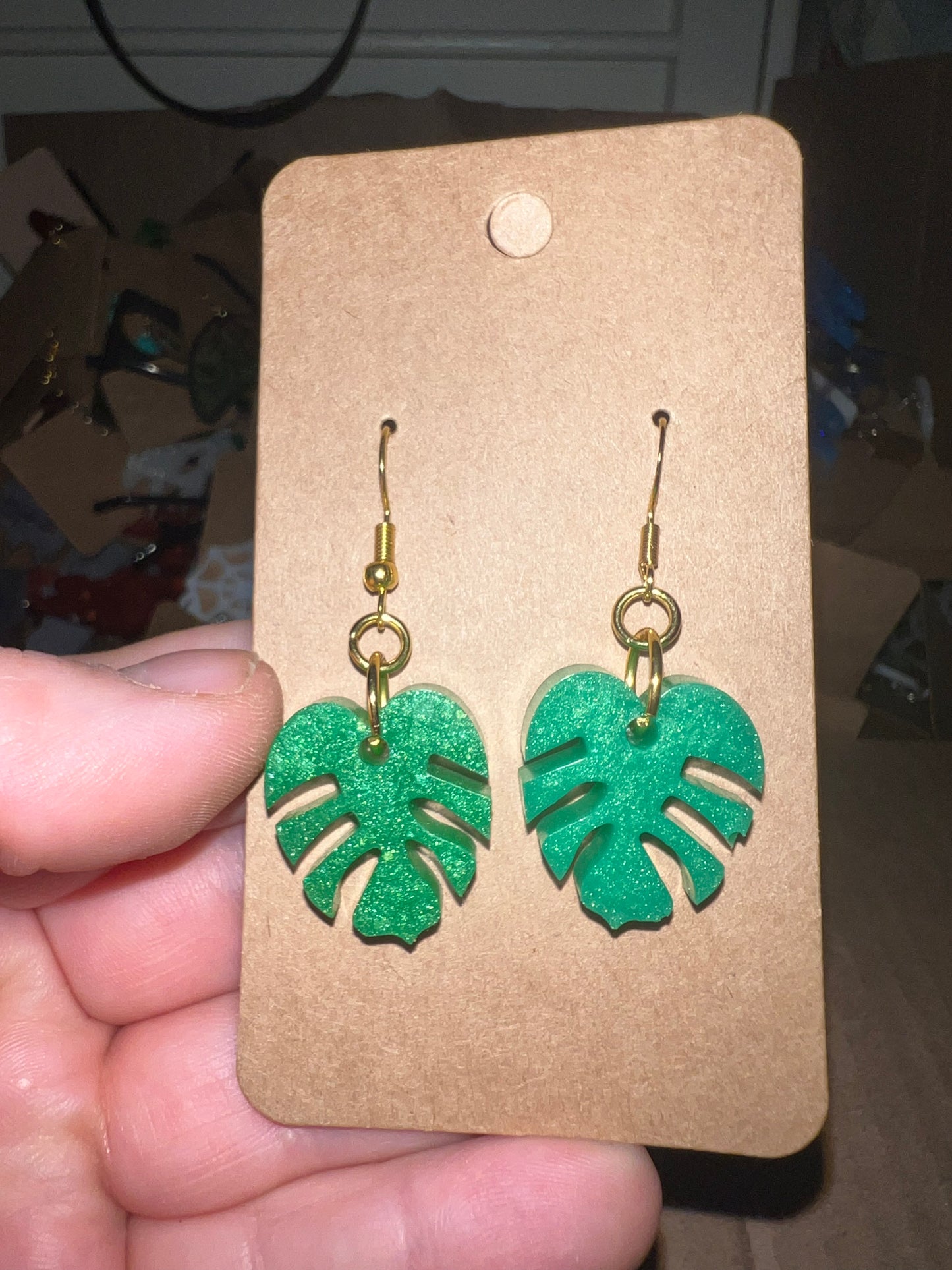 Small Green Monstera Dangle Earrings