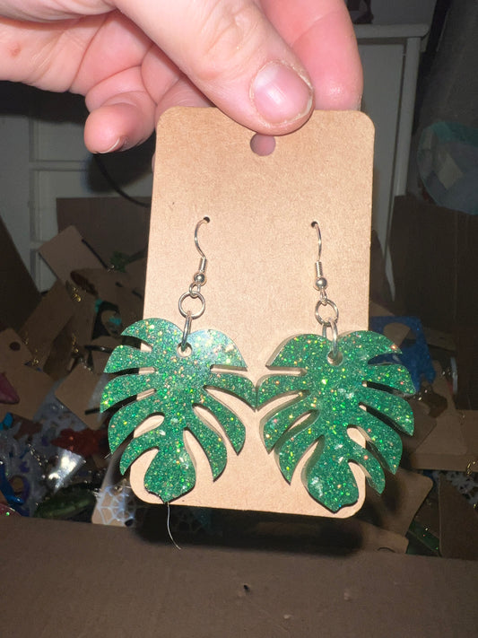 Forest Green Sparkle Monstera Dangle Earrings