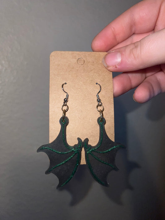 Black and Green Dragon Wing Earrings