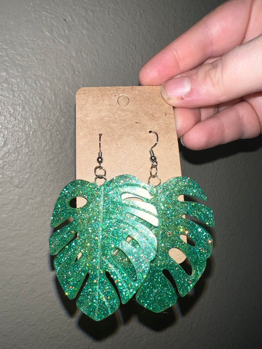 Large Sparkle Monstera Earrings