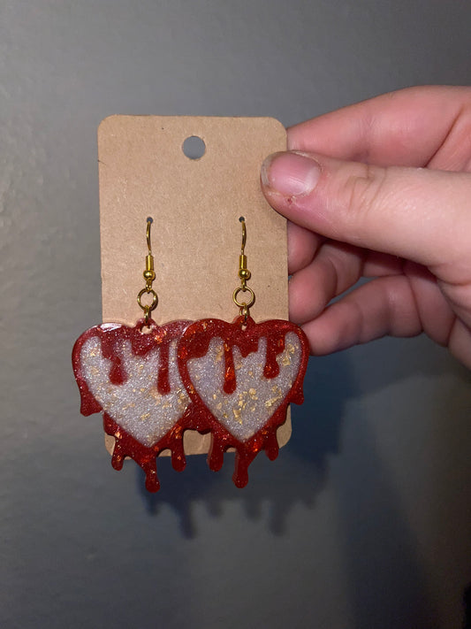 Dripping Red Gold Heart Dangle Earrings