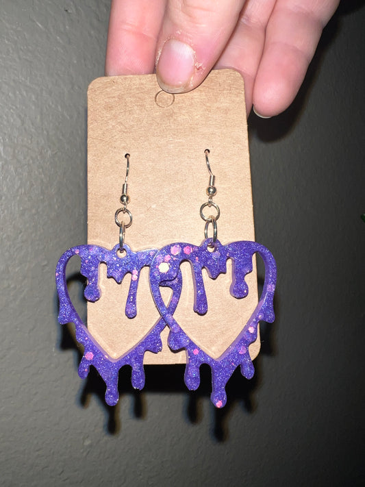 Dripping Purple Sparkle Heart Dangle Earrings