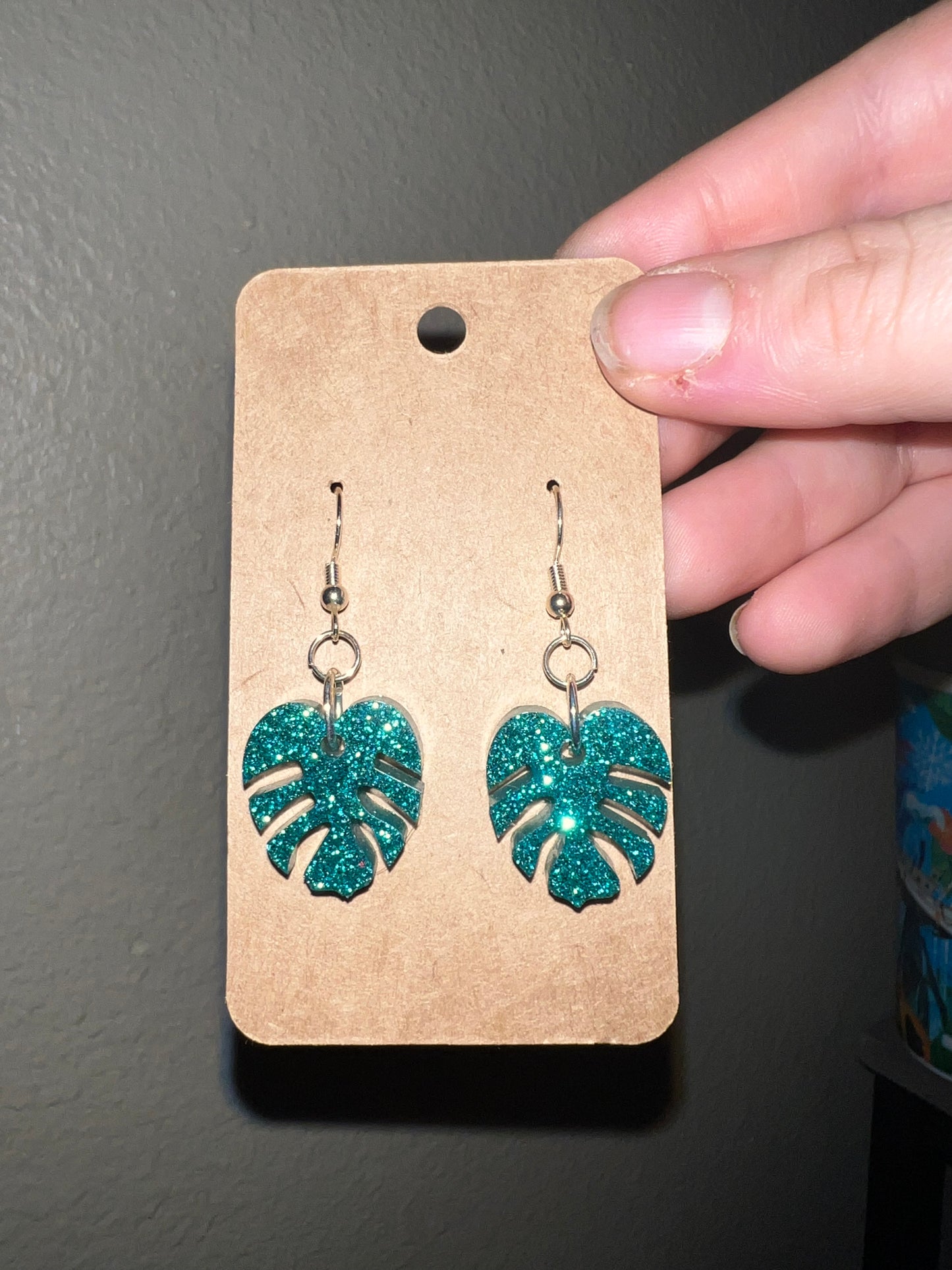 Small Green Sparkle Monstera Dangle Earrings