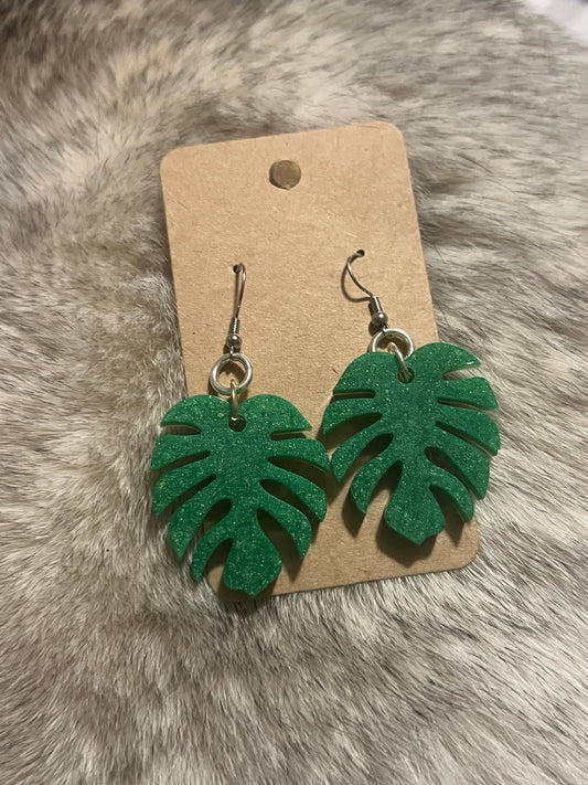 Green Sparkle Monstera Dangle Earrings