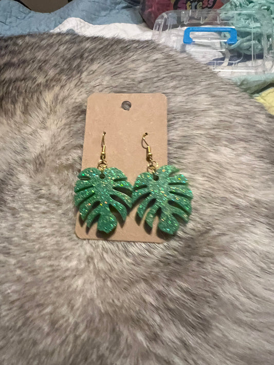 Forest Green Gold Sparkle Monstera Dangle Earrings