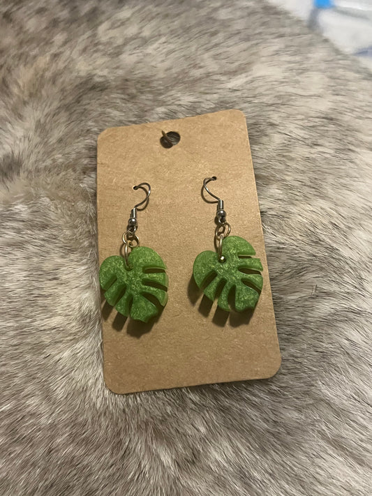 Small Green Monstera Dangle Earrings