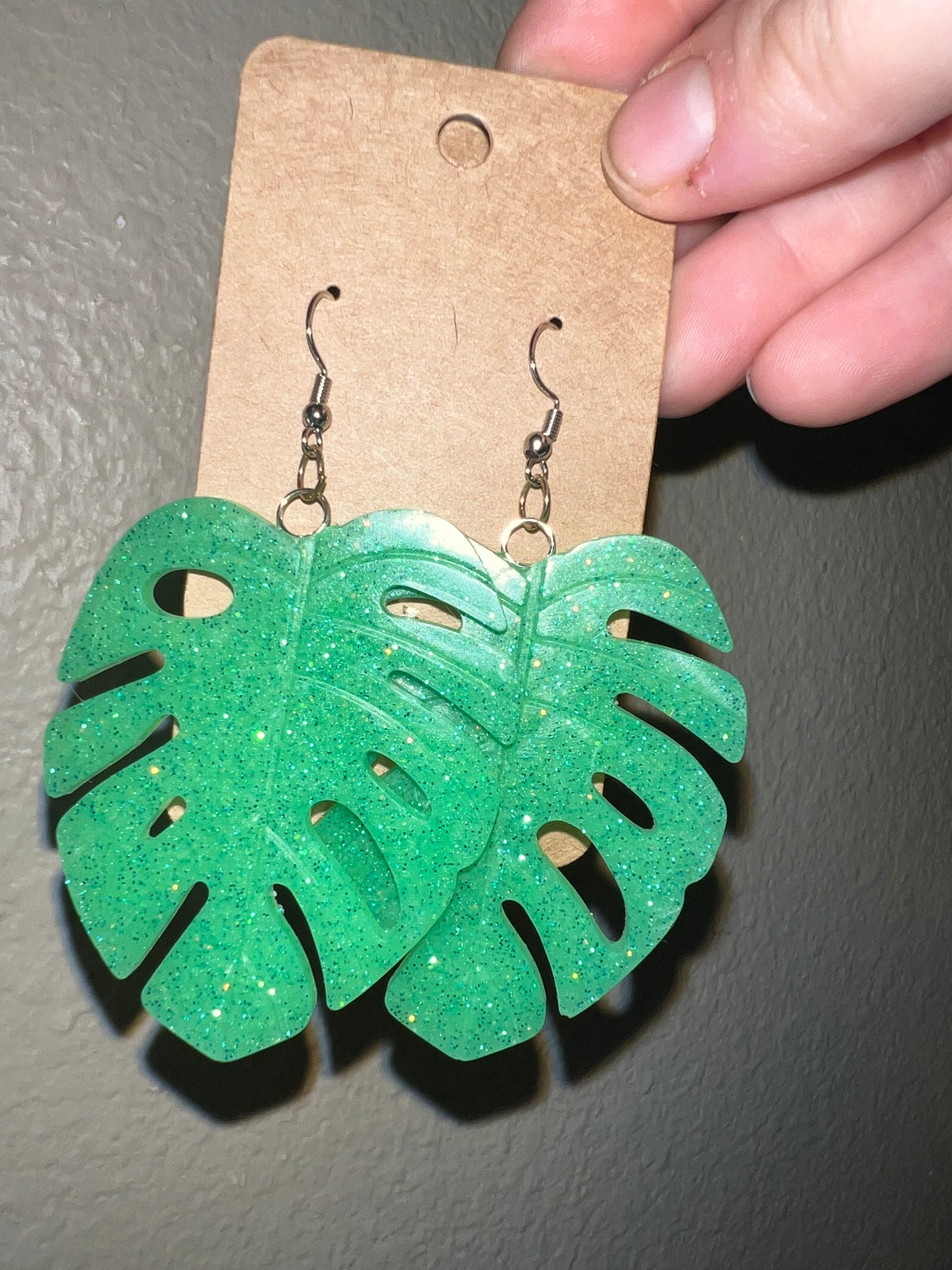 Large Sparkle Monstera Earrings