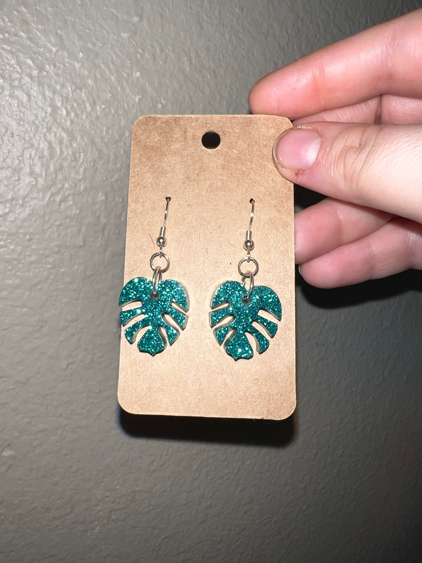 Small Green Sparkle Monstera Dangle Earrings