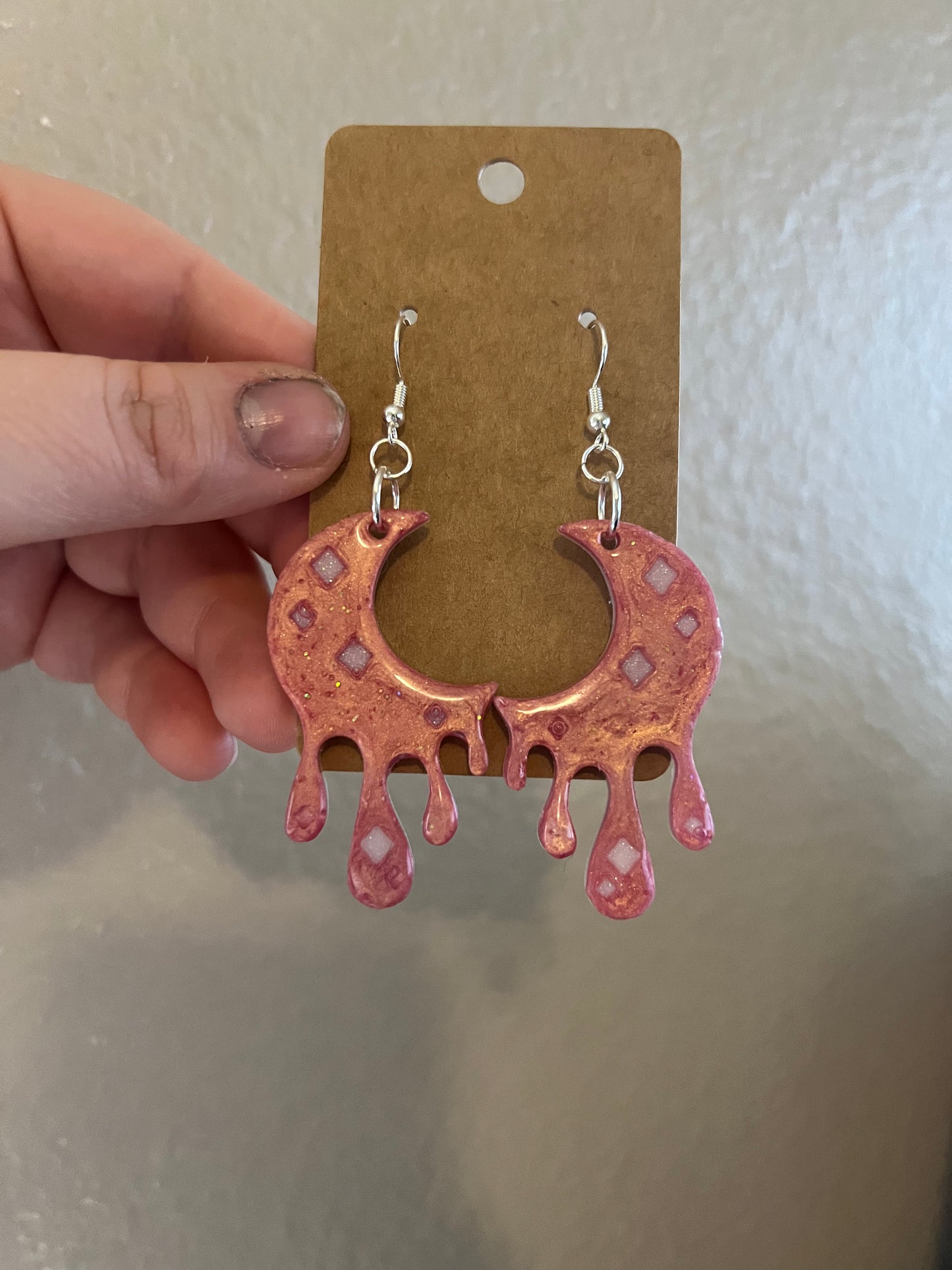 Dripping Rose Gold Sparkly Moon Dangle Earrings