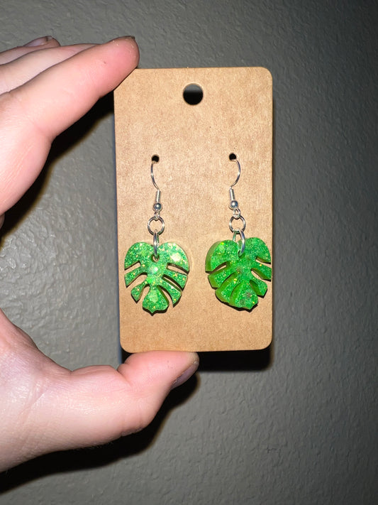 Small Green Sparkle Monstera Dangle Earrings