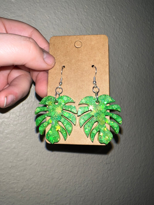 Green Sparkle Monstera Dangle Earrings