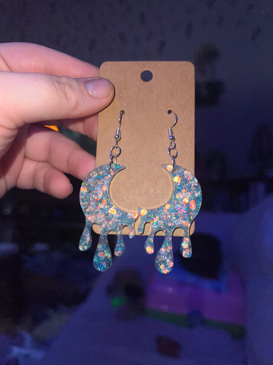 Dripping Blue Sparkly Moon Dangle Earrings