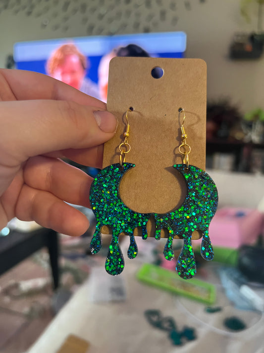 Dripping Emerald Moon Dangle Earrings