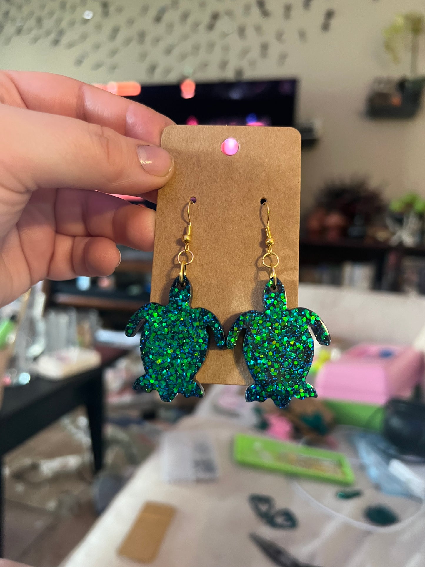 Blue Green Sparkle Turtle Earrings