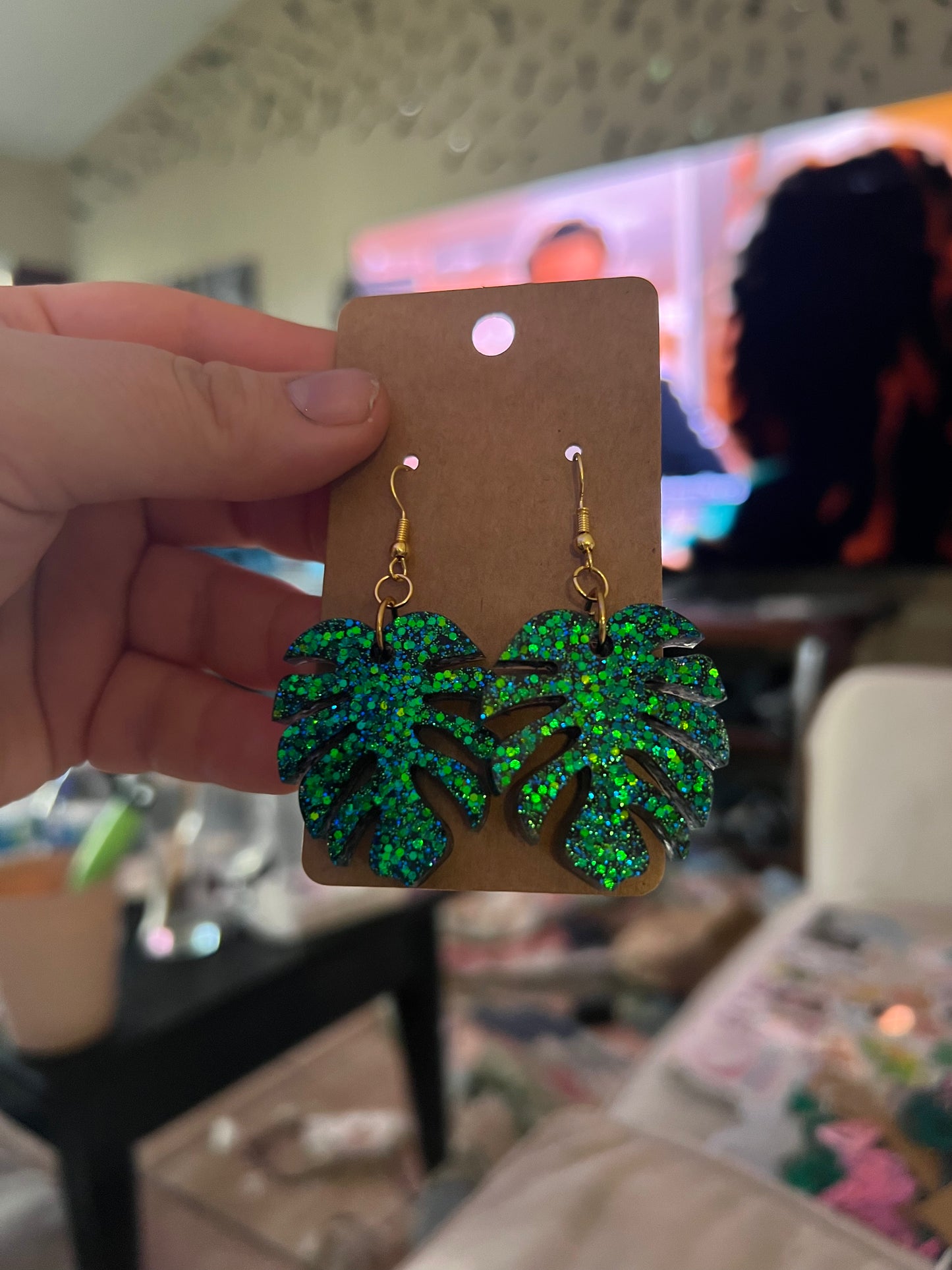 Emerald Sparkle Monstera Dangle Earrings