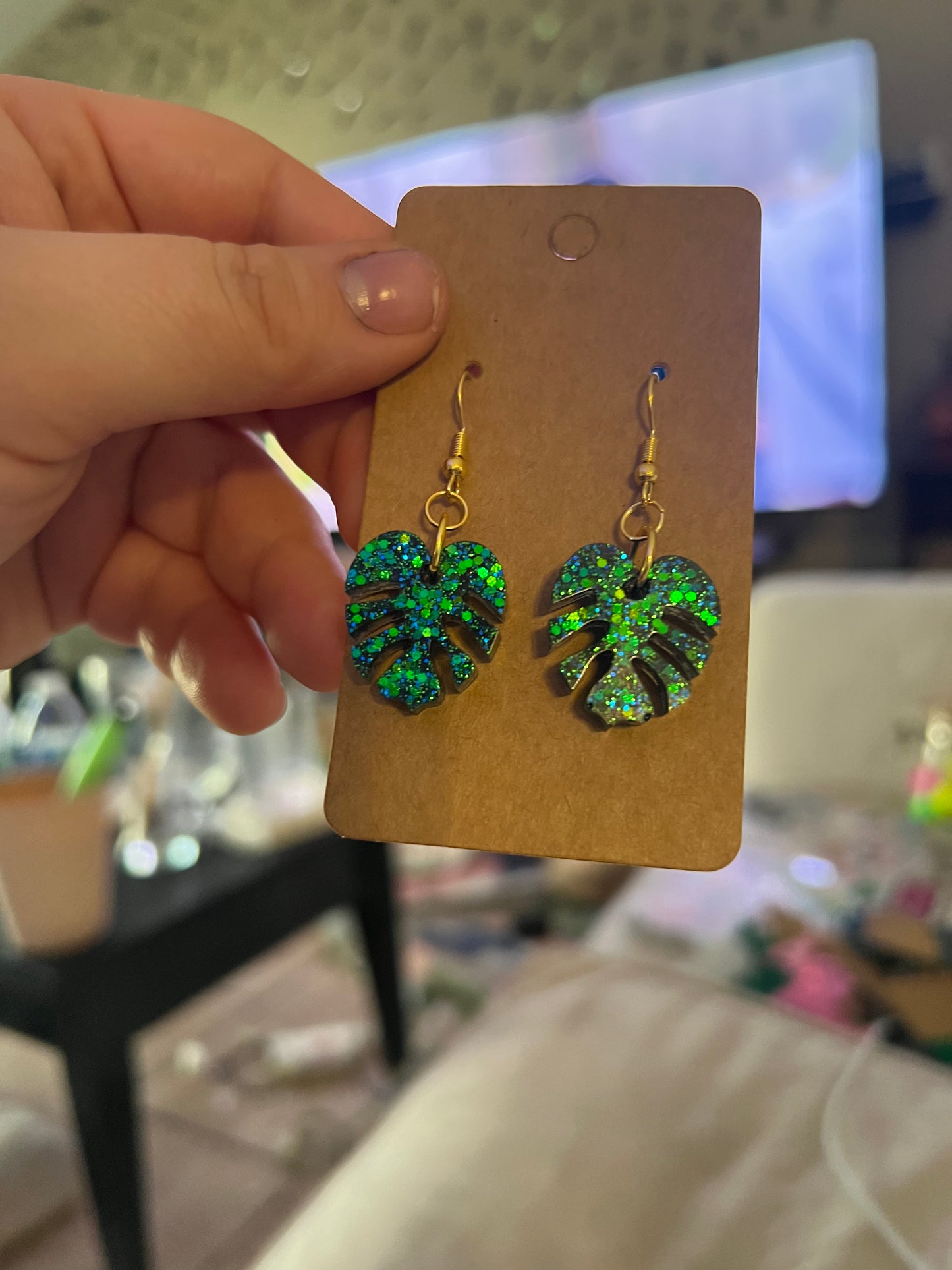 Small Emerald Sparkle Monstera Dangle Earrings